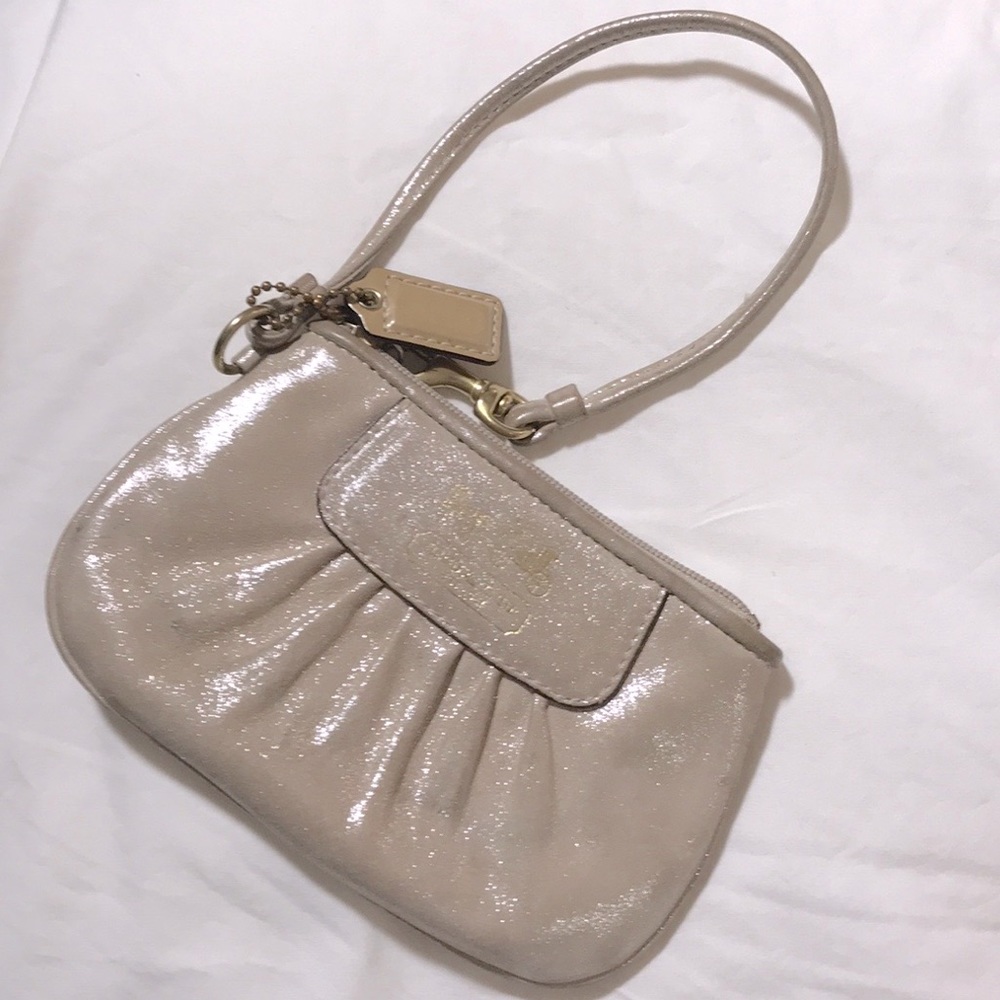 Authentic Coach Wristlet Bag, Beige Sparkly, Gold hardware, dust bag included